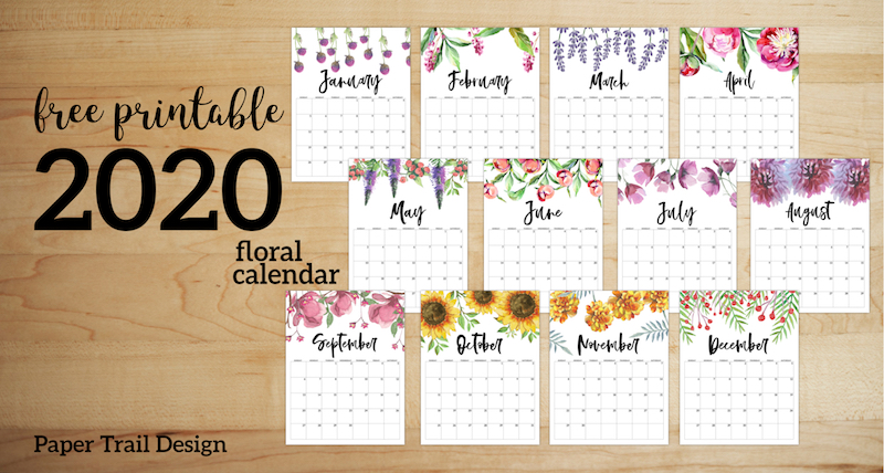 Free Printable Calendar 2020 - Floral. Watercolor Flower design style calendar. Monthly calendar pages. Cute office or desk organization. #papertraildesign #calendar #floralcalendar #2020 #2020calendar #floral2020calendar