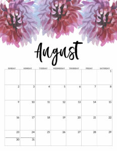 August Free Printable Calendar 2020 - Floral. Watercolor Flower design style calendar. Monthly calendar pages. Cute office or desk organization. #papertraildesign #calendar #floralcalendar #2020 #2020calendar #floral2020calendar