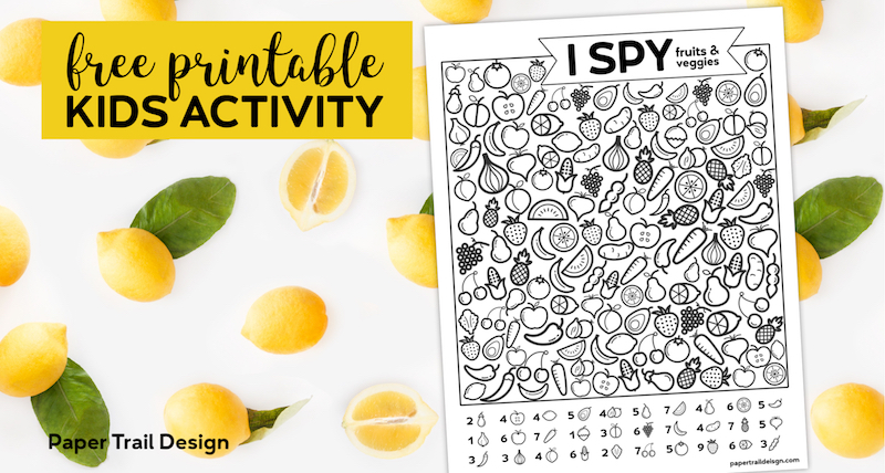 Free Printable I Spy Game - Fruits & Veggies. Easy fun car activity or rainy day boredom buster activty to keep kids busy. #papertraildesign #ISpy #Ispygame #ispyprintable #boredombuster #rainyday #summer