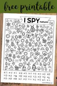 Free Printable I Spy Nature Game. Outdoor themed boredom buster game for kids to play on a cold rainy winter day, in the summer, or on a road trip. #papertraildesign #ISpy #roadtrip #boredombuster #summer #rainyday #kids