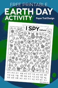 I spy nature activity page on a globe background with text overlay- free printable Earth Day 