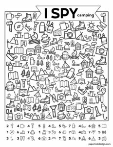 Free Printable I Spy Camping Kids Activity. Road trip game or boredom buster for rainy day or summer boredom kids activity. #papertraildesign #ispyfree #rainyday #imbored #printable #kids #kidsactivity #camping #campingispy