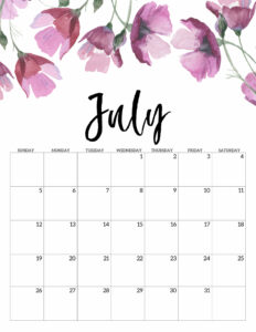 July Free Printable Calendar 2020 - Floral. Watercolor Flower design style calendar. Monthly calendar pages. Cute office or desk organization. #papertraildesign #calendar #floralcalendar #2020 #2020calendar #floral2020calendar