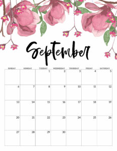 September Free Printable Calendar 2020 - Floral. Watercolor Flower design style calendar. Monthly calendar pages. Cute office or desk organization. #papertraildesign #calendar #floralcalendar #2020 #2020calendar #floral2020calendar