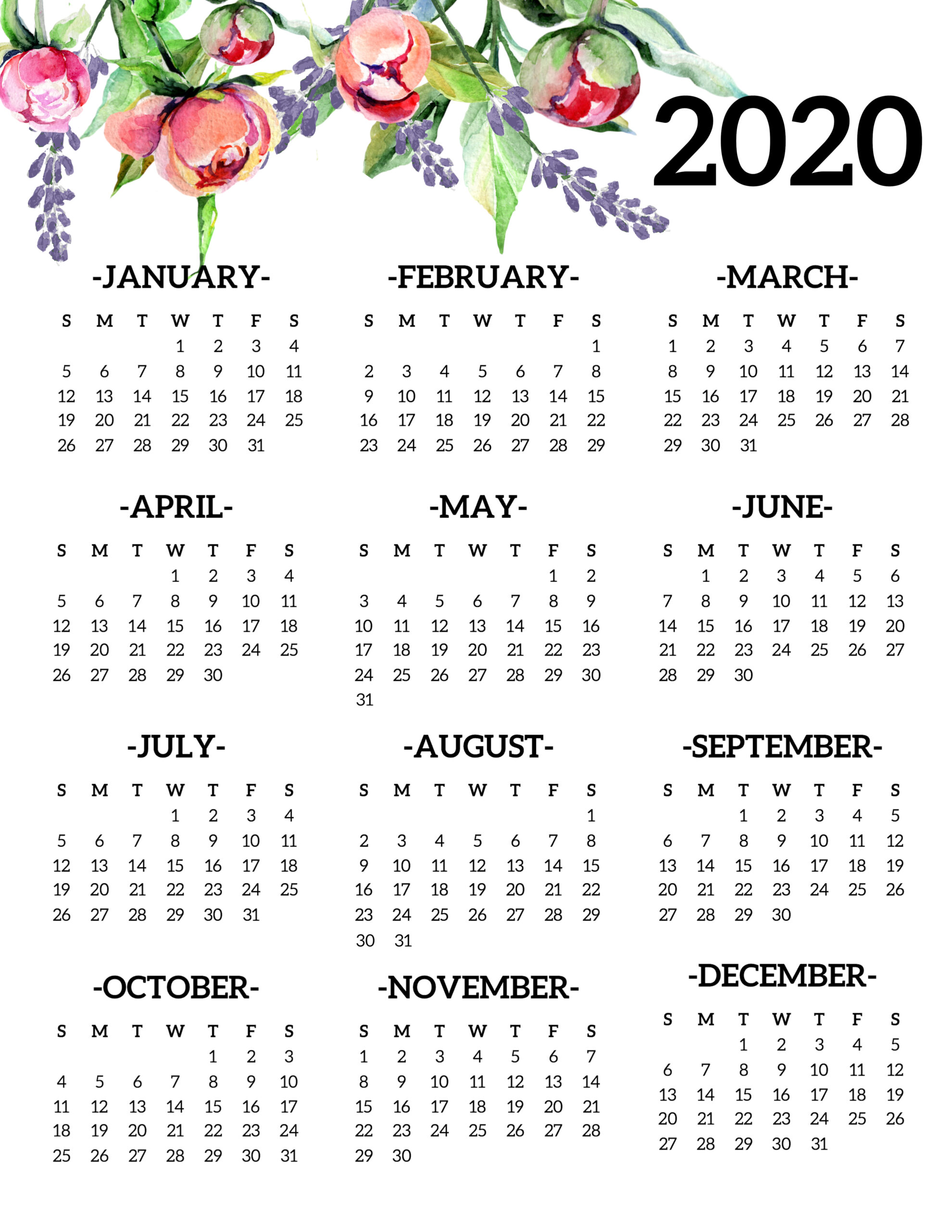 Free Printable 2020 Calendar Yearly E Page Floral