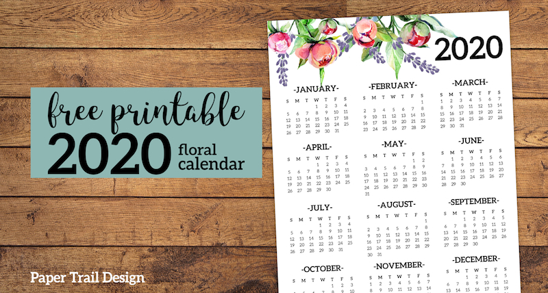 2020 floral one page year at a glance calendar with text overlay- free printable 2020 floral calendar