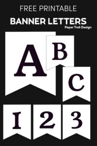 black and white banner letters A, B, C, 1, 2, 3 on a black background with text overlay- free printable banner letters