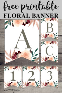 Banner flag letters A-B-C-1-2-3 with floral embelishments. Text overlay- free printable floral banner