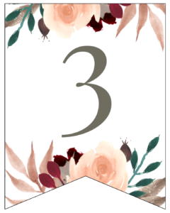 Number 3 Penant Flag with pink, green, brown, and burgandy floral embellishments. 