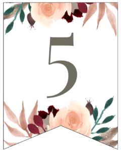 Number 5 Penant Flag with pink, green, brown, and burgandy floral embellishments. 