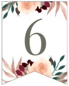 Number 6 Penant Flag with pink, green, brown, and burgandy floral embellishments. 