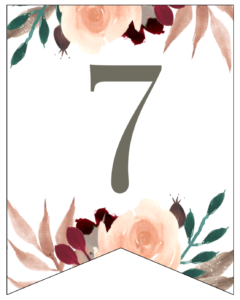 Number 7 Penant Flag with pink, green, brown, and burgandy floral embellishments. 