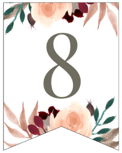 NUmber 8 Penant Flag with pink, green, brown, and burgandy floral embellishments. 