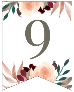 Number 9 Penant Flag with pink, green, brown, and burgandy floral embellishments. 