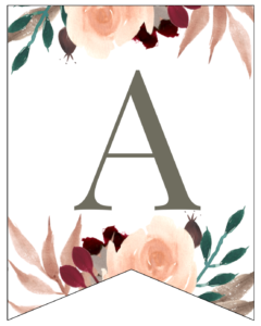 Letter A Penant Flag with pink, green, brown, and burgandy floral embellishments. 