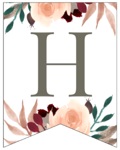 Letter H Penant Flag with pink, green, brown, and burgandy floral embellishments. 