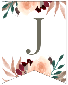 Letter J Penant Flag with pink, green, brown, and burgandy floral embellishments. 