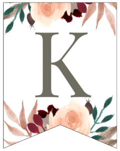 Letter K Penant Flag with pink, green, brown, and burgandy floral embellishments. 