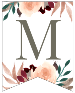 Letter M Penant Flag with pink, green, brown, and burgandy floral embellishments. 