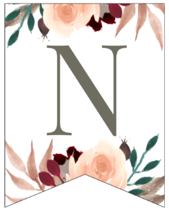 Letter N Penant Flag with pink, green, brown, and burgandy floral embellishments. 