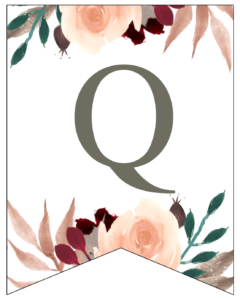 Letter Q Penant Flag with pink, green, brown, and burgandy floral embellishments. 