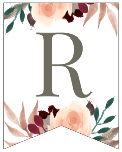 Letter R Penant Flag with pink, green, brown, and burgandy floral embellishments. 