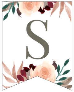 Letter S Penant Flag with pink, green, brown, and burgandy floral embellishments. 