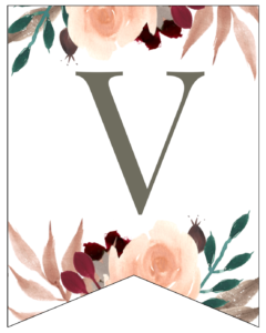 Letter V Penant Flag with pink, green, brown, and burgandy floral embellishments. 