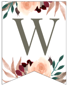 Letter W Penant Flag with pink, green, brown, and burgandy floral embellishments. 