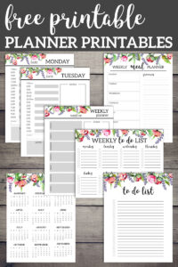 Floral planner printables including a one page calendar, Monday and Tuesday planner pages, weekly planner page, weekly to do list, to do list, calendar, and weekly planner with text overlay-free printable planner printables.