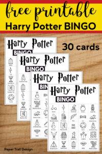 Four Harry Potter Bingo cards displayed with text overlay- free printable Harry Potter bingo 30 cards.