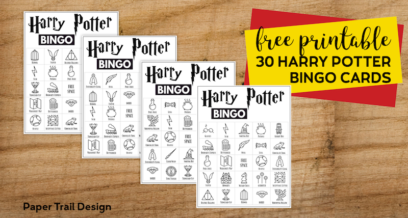 Four Harry Potter Bingo cards displayed with text overlay- free printable 30 Harry Potter bingo cards. 