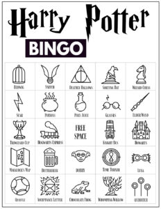 Harry Potter Bingo Card with 24 Harry Potter themed icon pictures and a free space in the center. 