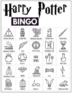 Harry Potter Bingo Card with 24 Harry Potter themed icon pictures and a free space in the center. 