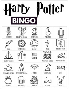 Harry Potter Bingo Card with 24 Harry Potter themed icon pictures and a free space in the center. 