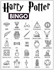 Harry Potter Bingo Card with 24 Harry Potter themed icon pictures and a free space in the center. 