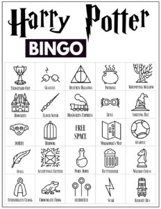 Harry Potter Bingo Card with 24 Harry Potter themed icon pictures and a free space in the center. 