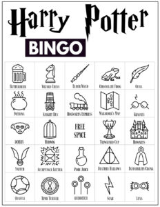 Harry Potter Bingo Card with 24 Harry Potter themed icon pictures and a free space in the center. 