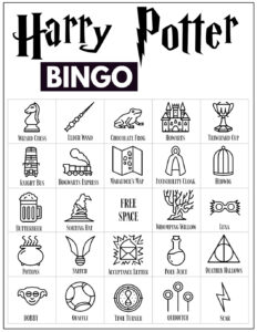 Harry Potter Bingo Card with 24 Harry Potter themed icon pictures and a free space in the center. 