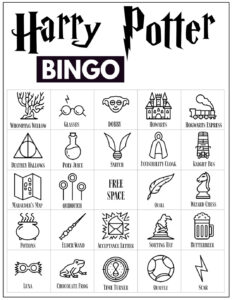 Harry Potter Bingo Card with 24 Harry Potter themed icon pictures and a free space in the center. 