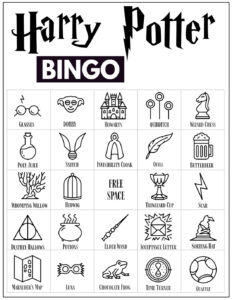 Harry Potter Bingo Card with 24 Harry Potter themed icon pictures and a free space in the center. 