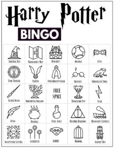 Harry Potter Bingo Card with 24 Harry Potter themed icon pictures and a free space in the center. 