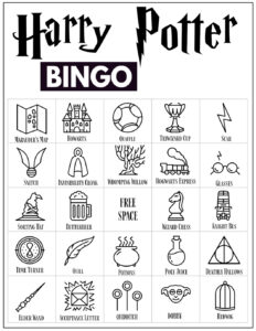 Harry Potter Bingo Card with 24 Harry Potter themed icon pictures and a free space in the center. 