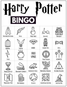 Harry Potter Bingo Card with 24 Harry Potter themed icon pictures and a free space in the center. 