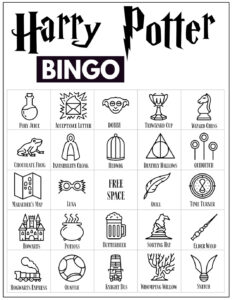 Harry Potter Bingo Card with 24 Harry Potter themed icon pictures and a free space in the center. 