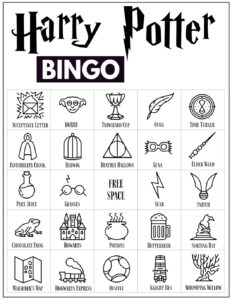 Harry Potter Bingo Card with 24 Harry Potter themed icon pictures and a free space in the center. 