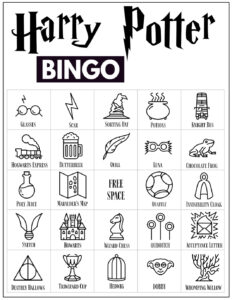 Harry Potter Bingo Card with 24 Harry Potter themed icon pictures and a free space in the center. 