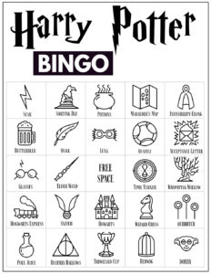 Harry Potter Bingo Card with 24 Harry Potter themed icon pictures and a free space in the center. 