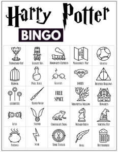 Harry Potter Bingo Card with 24 Harry Potter themed icon pictures and a free space in the center. 