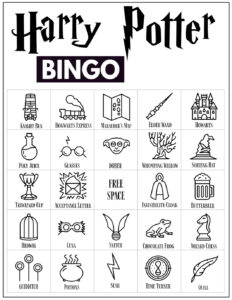 Harry Potter Bingo Card with 24 Harry Potter themed icon pictures and a free space in the center. 